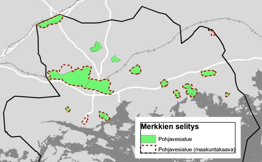 7.4.2 Pohjavesialueet Luokitellut pohjavesialueet oli osoitettu kaikissa tarkastelluissa yleiskaavoissa. Pohjavesialueet oli merkitty pääsääntöisesti pv-merkinnällä (taulukko 21).