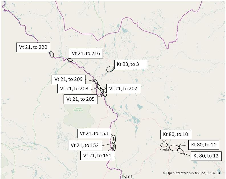 5 2. SEURANTAKOHTEET KITTILÄN ALUEURAKAN ALUEELLA Kittilän alueurakan alueella erikoiskuivatuskohteet olivat vuonna 2011 seuraavilla tieosilla (kuva 1): -Vt 21, tieosat 151, 152, 153, 205, 207, 208,