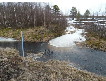 Vasemmalla IRI- sekä URA- mittaustulokset (punainen 2011, musta 2006). Kuva 6. Pl. 1240 m. Kuva tulvivasta oikeasta ojasta, josta laskuoja laskee järveen.