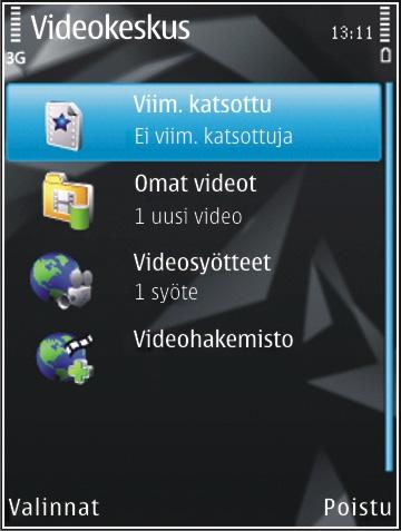 Nokia-videokeskus 104 Nokia-videokeskus Nokia-videokeskus-palvelun (verkkopalvelu) avulla voit hakea ja suoratoistaa videoleikkeitä verkon kautta yhteensopivasta Internetin videopalvelusta