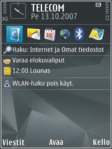 teema. Aktiivisessa valmiustilassa näkyvät sovellusten pikavalinnat ja sovellusten, kuten kalenterin ja soittimen, tapahtumat.