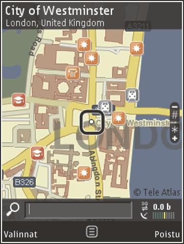 Kartat 56 kun laite yrittää muodostaa GPS-yhteyttä, yritys keskeytyy. Näyttöön tulee näkyviin GPS-ilmaisin. Yksi palkki merkitsee yhtä satelliittia.