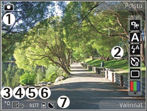 Kamera 78 1 Kuvaustilan ilmaisin. 2 Aktiivinen työkalurivi (ei ole näkyvissä kuvan ottamisen aikana). Katso "Aktiivinen työkalurivi", s. 78. 3 Akun varaustason ilmaisin. 4 Kuvan tarkkuuden ilmaisin.