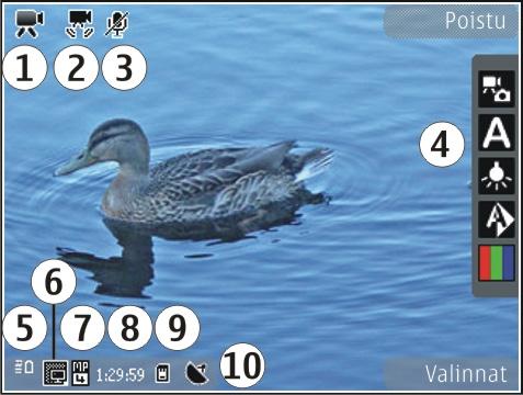 Kamera 84 1 Kuvaustilan ilmaisin. 2 Videon vakaimen symboli (vakain käytössä). 3 Äänen mykistys käytössä. 4 Aktiivinen työkalurivi (ei ole näkyvissä kuvaamisen aikana). 5 Akun varaustason ilmaisin.