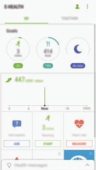 Sovellukset S Health -sovelluksen käyttäminen Voit seurata hyvinvointiasi ja kuntoasi näyttämällä tärkeimmät tiedot S Health -sovelluksen valikoista ja seurantaohjelmista.
