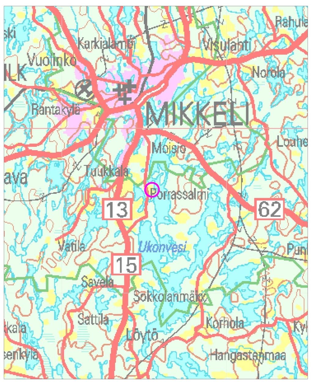 Kartta tutkimusalueen sijainnista Kyyhkylän koekaivausalueen