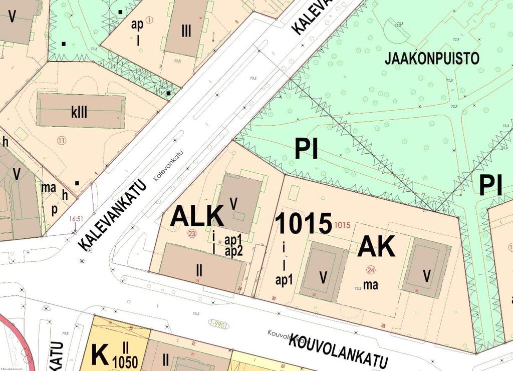 Asemakaava Alue on asemakaavoitettu ja alueella on voimassa useita eri-ikäisiä asemakaavoja. Suunnittelualueeseen kuuluvan Kalevankadun katualueen asemakaavat on hyväksytty 29.7.1931, 17.6.1957 ja 19.