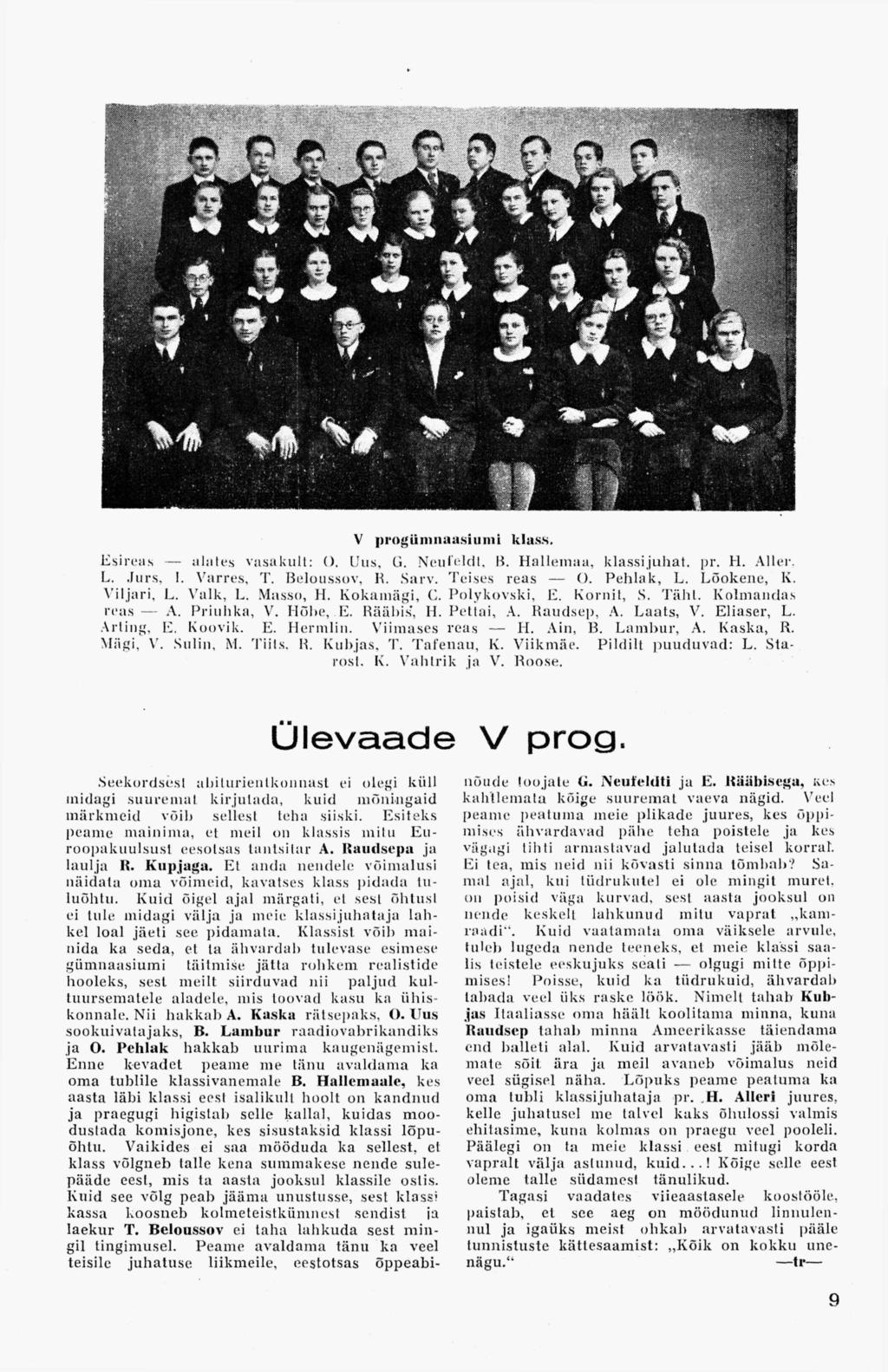 V progümnaasiuini klass. Esireas alates vasakult: (). Uus, G. Neufeld!. B. Hallemaa, klassijuhat. pr. H. Aller. L. Jurs, 1. Varres, T. Beloussov, B. Sarv. Teises reas O. Pehlak, L. Lõokene, K.