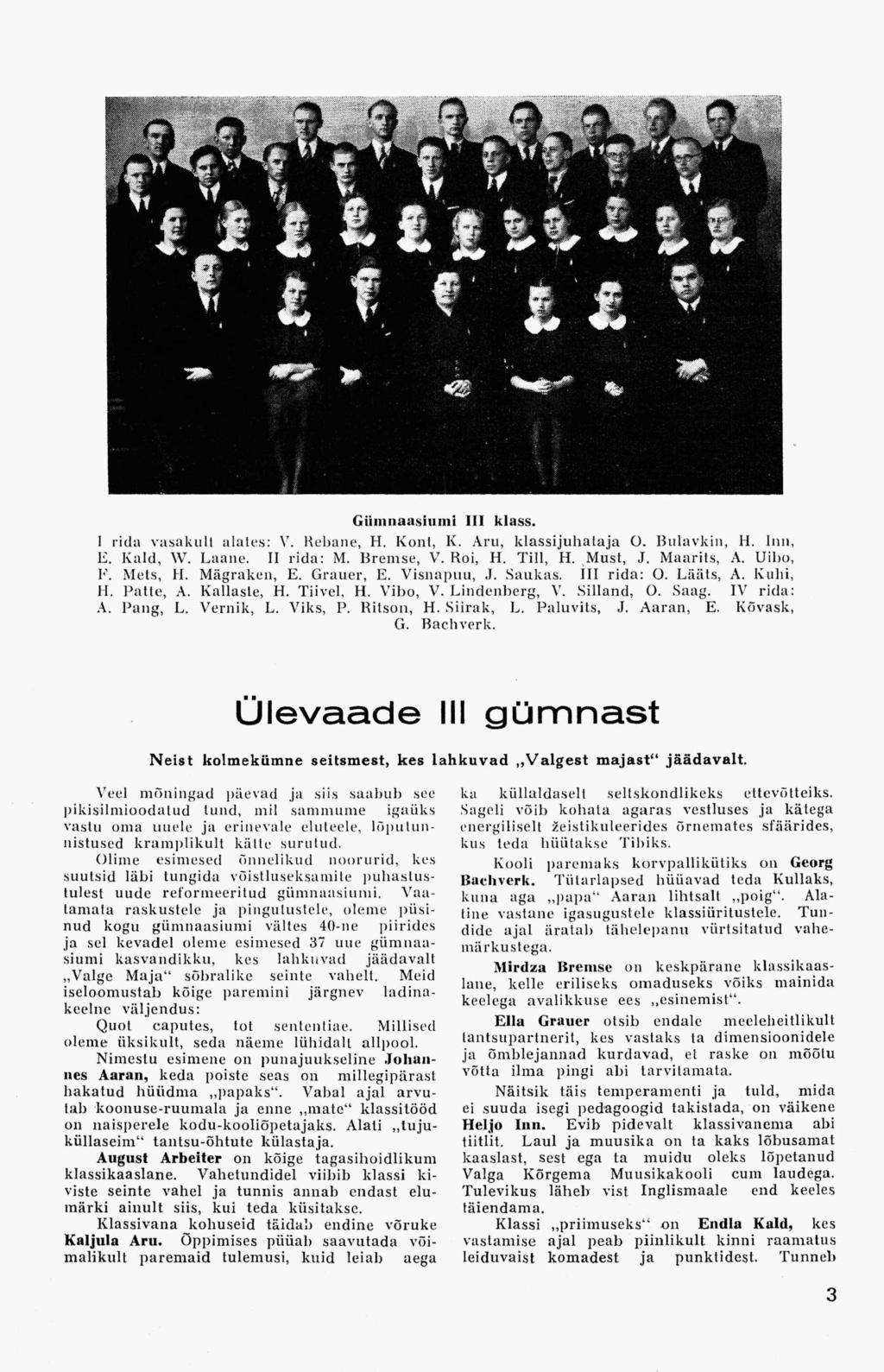 Gümnaasiumi III klass. 1 rida vasakult alates: V. Rebane, H. Kont, K. Aru, klassijuhataja O. Bulavkin, H. Iuli, E, Kaid, W. Laane. II rida: M. Bremse, V. Koi, H. Till, H. Must, J. Määrits, A. Uibo, F.