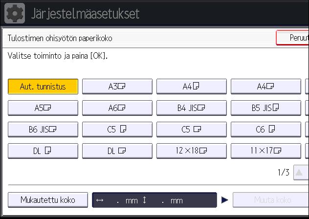 Paperin asettaminen ohisyöttötasolle Paperikoon määrittäminen käyttöpaneelilta 1. Paina [Käyttäjän työkalut/laskuri]. CJS039 2. Paina [Kasetin paperiasetus]. 3.