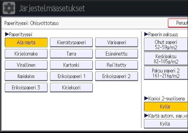 Paperin asettaminen ohisyöttötasolle 1. Paina [Käyttäjän työkalut/laskuri]. 2. Paina [Kasetin paperiasetus]. 3. Paina [ Seuraava]. 4. Paina [Paperityyppi: Ohisyöttötaso]. CJS039 5.