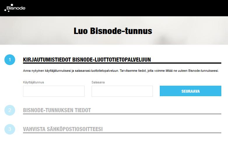 3 Jatka Bisnode-tunnuksen luomista antamalla sähköpostiosoitteesi ja määrittele itse salasana.