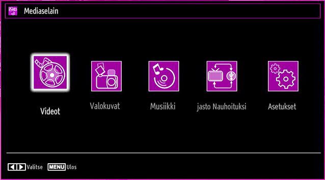Avaa Mediaselainikkuna painamalla MENU - näppäintä kauko-ohjaimessa ja valitsemalla Mediaselain tai painamalla tai -näppäintä. Paina OK-näppäintä jatkaaksesi.