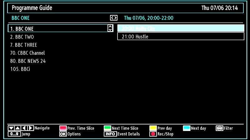 EPG Channel Schedule / / / : Navigate Red button (Prev Time Slice): Displays the programmes of previous time slice. Green button (Next Time Slice): Displays the programmes of the next time slice.