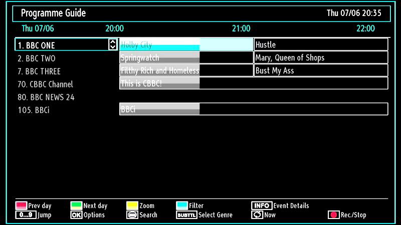 Numeric buttons (Jump): Jumps to the preferred channel directly via numeric buttons. OK (Options): Views/records or sets timer for future programmes. INFO (Details): Displays the programmes in detail.