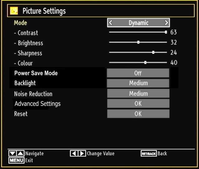 Colour: Sets the colour value, adjusting the colors. Power Save Mode: Use or button to select Power Save Mode.