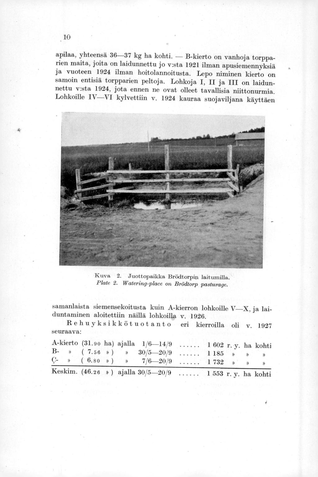 10 apilaa, yhteensä 36-37 kg ha kohti. B-kierto on vanhoja torpparien maita, joita on laidunnettu jo v:sta 1921 ilman apusiemennyksiä ja vuoteen 1924 ilman hoitolannoitusta.