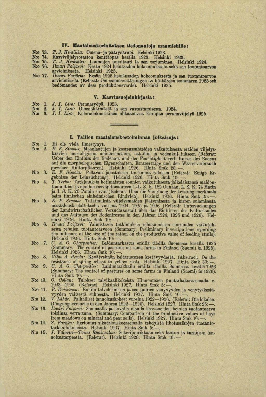 IV. Maatalouskoelaitoksen tiedonantoja maamiehille: N:o 73. T. J. Hintikka: Omena- ja pää,rynärupi. Helsinki 1923. N:o 74. Kasviviljelysosaston kenttäopas kesällä 1923. Helsinki 1923. N:o 75. T. J. Hintikka: Luumujen pussitauti ja sen torjuminen.