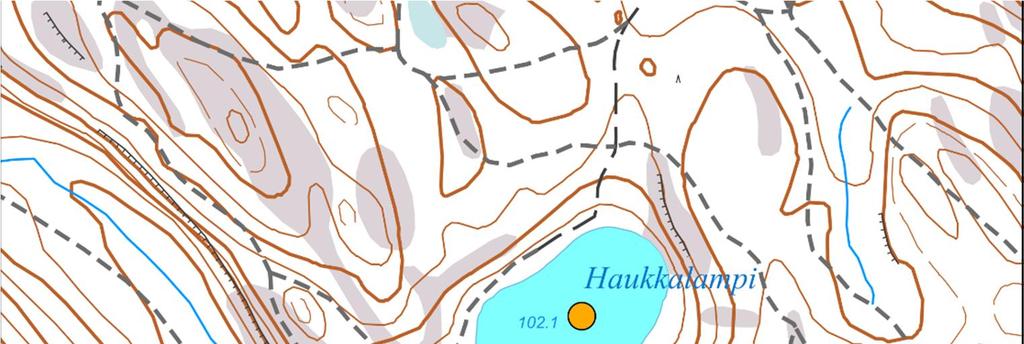 Haukkalammen veden laatua ei ole tiettävästi tutkittu aikaisemmin. Vesinäytteenottopaikka on merkitty oranssilla pallolla.