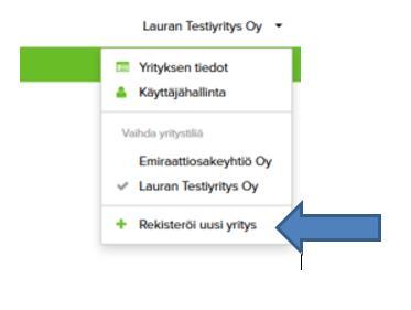 Tai rekisteröidäksesi uuden yrityksen klikkaa Yrityksen nimen kohdalta alasvetovalikko ja + Rekisteröi uusi yritys.