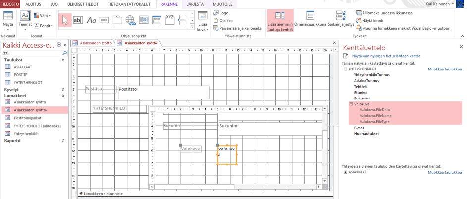 Kenttien lisääminen lomakkeelle Palaa Rakennenäkymä (Design View) -näkymään.
