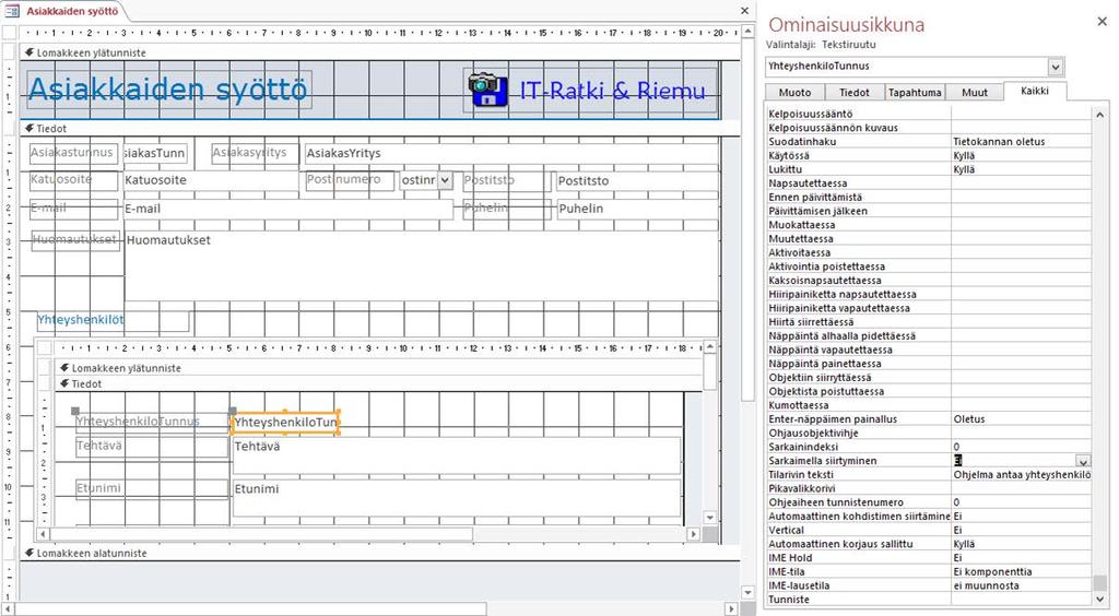 Sarkaimella kenttään siirtymisen estäminen Estä sarkaimella siirtyminen Rakennenäkymä (Design View) -näkymässä Postitsto-kenttään ja alilomakkeella YhteyshenkilöTunnus-kenttään.