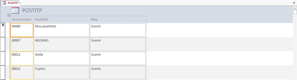 Lomakkeen luominen suoraan Harjoitustiedosto: Asiakasrekisteri-2013.accdb Luo uusi lomake postitoimipaikan syöttämiseen. Lomakkeen tulee sisältää kaikki POSTITP-taulukon kentät.
