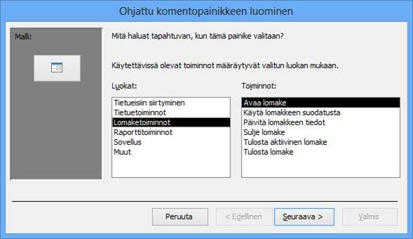 Komentopainikkeen luominen Harjoitustiedosto: Asiakasrekisteri-2013.accdb Tee Asiakastietojen syöttö -lomakkeelle painike, jolla pääsee siirtymään Postitoimipaikat-lomakkeelle.