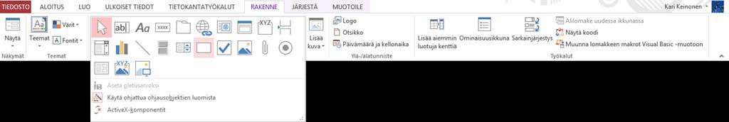 Suorakulmion piirtäminen Harjoitustiedosto: Asiakasrekisteri-2013.accdb Tee piirtämällä Aloituslomakkeelle suorakulmioita, joilla erottelet lomakkeen eri osat toisistaan.