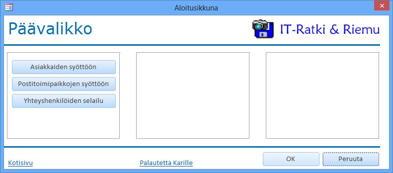 Kuva 119 Aloitusikkuna Lomakenäkymä ( Form View) - näkymässä Siirrä suorakulmiot sopiviin paikkoihin ja muuta niiden koko mieleiseksesi sekä tasaa niiden välit Järjestä (Arrange) -valikon komennoilla.