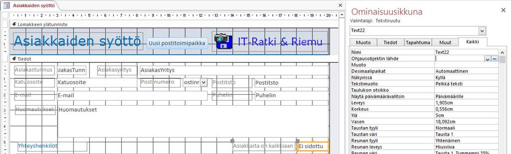 Lomakkeella laskeminen Lomakkeelle voit luoda laskennallisia arvoja palauttavia kenttiä. Raportteihin luot laskentakenttiä suunnilleen samalla periaatteella. Harjoitustiedosto: Asiakasrekisteri-2013.