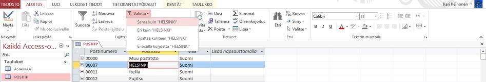 Kyselyn määrittely Kyselyn (Query) avulla haet kiinnostavia tietoja yhdestä tai useasta taulukosta. Kyselyllä voit muuttaa tietokannan sisältöä eli lisätä, poistaa tai päivittää taulukoiden tietoja.