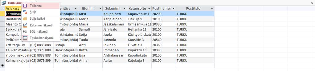 Kyselyn suorittaminen Suorita kysely Rakenne (Design) -välilehden Suorita (Run) -painikkeella.