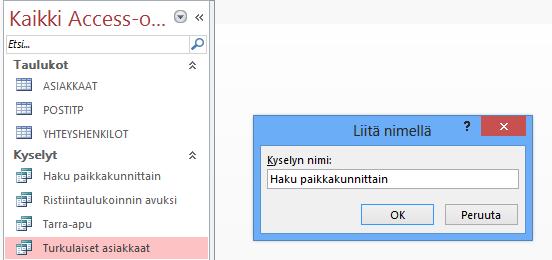 Parametrikyselyn tuottaminen Harjoitustiedosto: Asiakasrekisteri-2013.accdb Edellisellä kyselyllä saat näkyviin vain Turkulaiset yritykset.