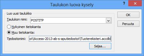 Kuva 148 Taulukon luova kysely ( Make Table) - valintaikkuna Kirjoita taulukolle nimi. Valitse Muu tietokanta (Another Database) ja napsauta Selaa (Browse) -painiketta.