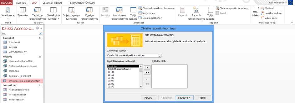 Raportin määrittely Accessilla on helppo luoda erilaisia raportteja. Raportteja tarvitset aina kun haluat tulostuskelpoisen yhteenvedon tietokannasta.