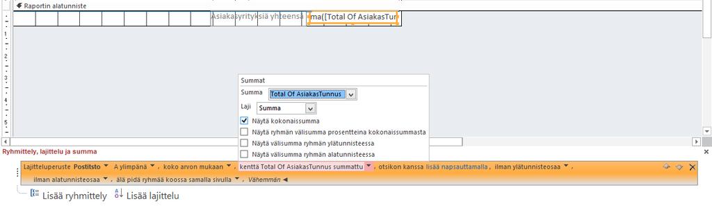 Kuva 194 Summaavan tekijän asettaminen Napsauta auki ei summattuja kenttiä (with no totals) -pudotusvalikko.