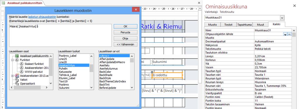 Kuva 205 Lausekkeen muodostin ( Expression Builder) - ikkuna Kaksoisnapsauta tekstikehystä, esiin tulee