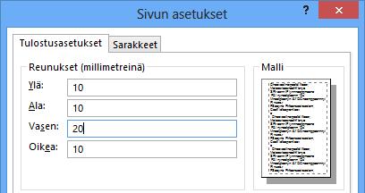 Sivun asetukset (Page Setup) -välilehdellä vaikutat tulostusarkin kokoon, - suuntaan ja tulostustarkkuuteen.