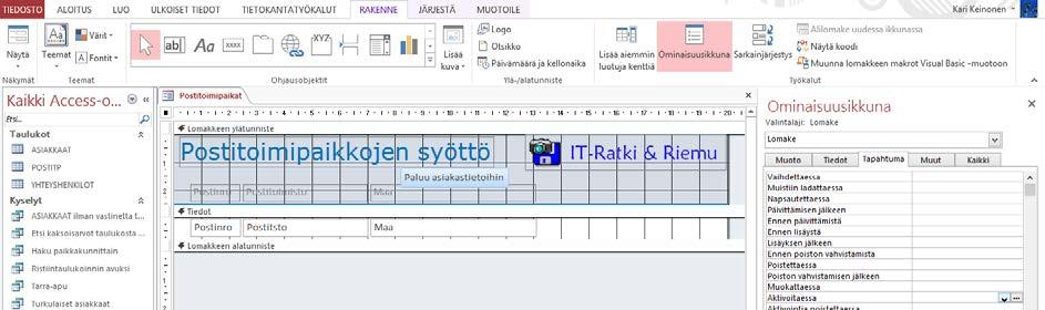 Upotetun makron luominen Harjoitustiedosto: Asiakasrekisteri-2013.accdb Postitoimipaikkojen syöttö -lomake on lähinnä uusien postitoimipaikkojen syöttämistä varten.