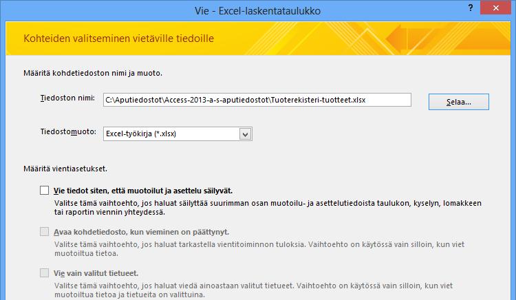 Tietokannan tietojen vienti Tietokannasta pitää usein viedä tietoa johonkin toiseen tiedostomuotoon. Tiedon vieminen tulee kyseeseen esimerkiksi kun tiedoista on tehtävä laskennallisia yhteenvetoja.