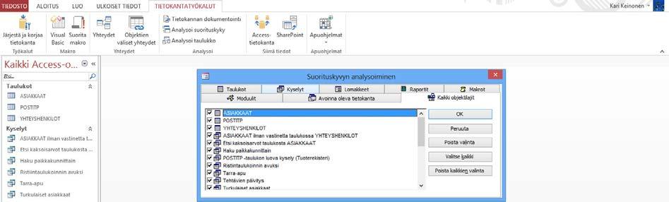 Tietokannan analyysi Accessissa on joitakin tietokannan analysointi- ja dokumentointityökaluja.