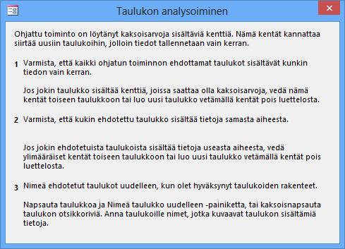 Lue huolella Kuva 251! Ohjattu taulukon analysoiminen, vihjeet Vihje-ikkuna antaa lisäohjeita taulukoiden jakamiseen. Kun olet tutustunut ohjeisiin, sulje ikkuna.