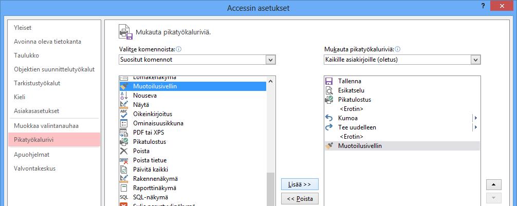 Pikatyökalurivin mukauttaminen Pikatyökalurivillä on oletuksena muutama jatkuvasti tarvitsemasi toiminto. Tarvitset usein muitakin toimintoja, ne sinun kannattaa lisätä pikatyökaluriviin.