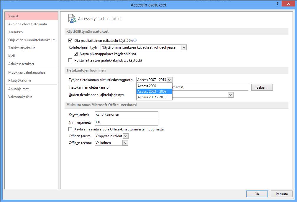 Ohjelman oletustallennusmuodon muuttaminen Microsoft Access 2013 -ohjelman oletustallennusmuoto on Access 2007-2013 -tiedostomuoto.