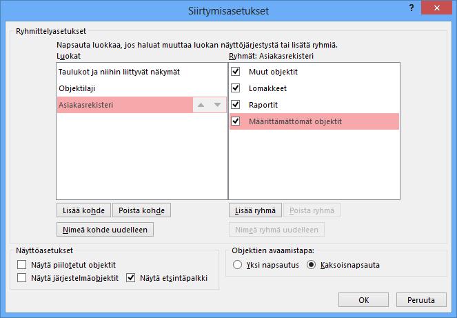 Siirtymisruudun asetukset Harjoitustiedosto: Asiakasrekisteri-2013.accdb Siirtymisruutu (Navigation Pane) tulee näytölle avatessasi Access-tietokannan.