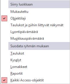 Siirtymisruutu (Navigation Pane) Kun avaat Access-tietokannan, ilmestyy siirtymisruutu oletusarvoisesti näytölle.