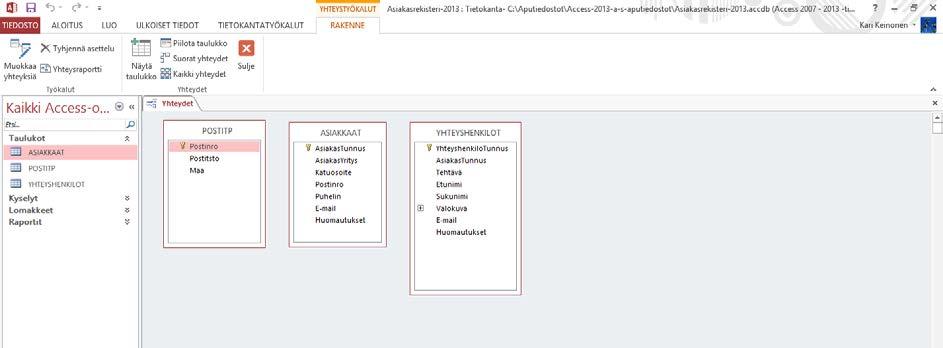 Taulukoiden riippuvuudet Harjoitustiedosto: Asiakasrekisteri-2013.accdb Taulukot perustettuasi ja tarkastettuasi siirry yhteyksiä luodaksesi Tietokantatyökalut (Database Tools) -välilehdelle.