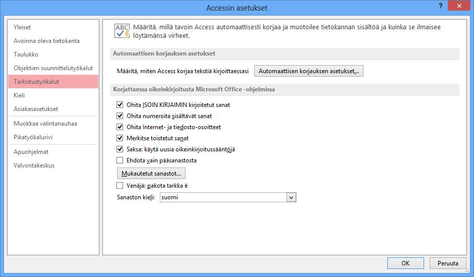 Oikeinkirjoituksen asetukset Napsauta Tiedosto (File) -valikon Asetukset (Options) -painiketta. Oikolukuun vaikuttavat asetukset ovat Tarkistustyökalut (Proofing) -välilehdellä.