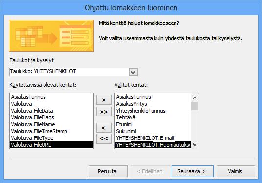 Valitut kentät Kuva 80 YHTEYSHENKILOT- taulukon kentät Valitse ensin pudotusvalikosta YHTESHENKILOT-taulukko ja siirrä